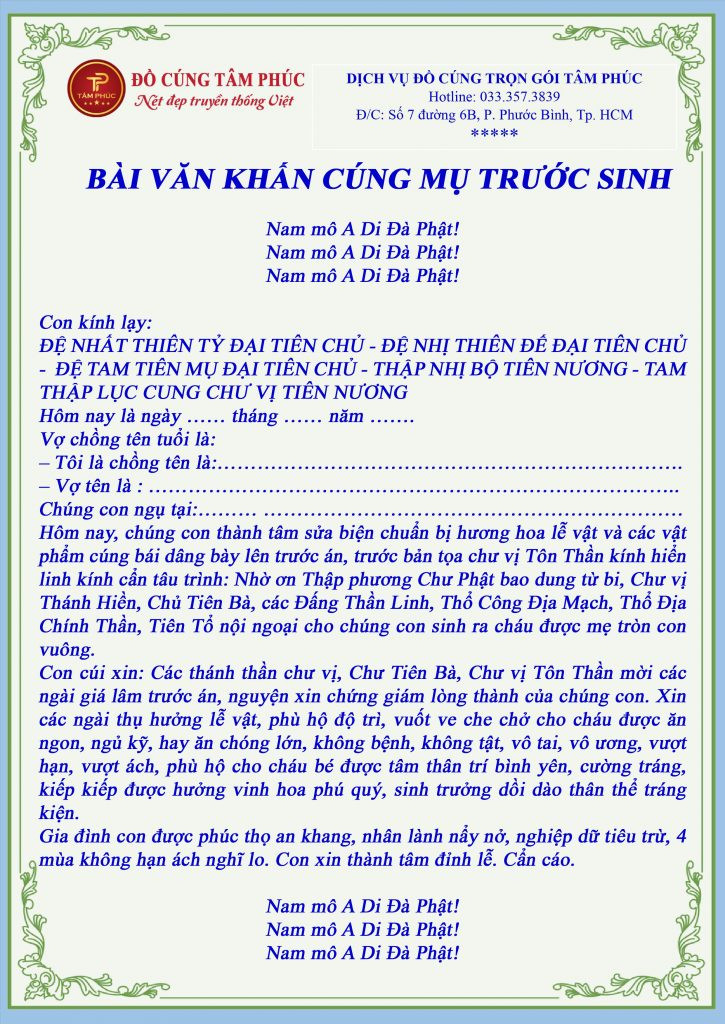 bài văn khấn cúng đơm lẻ cho bà bầu cầu bình an và may mắn