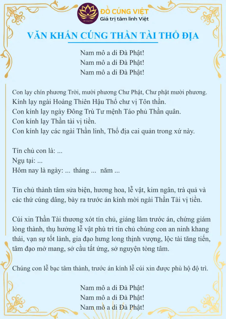 bài văn khấn lễ vật cúng vía thần tài thổ địa