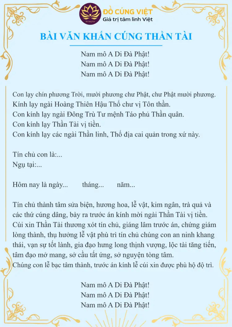 bài văn khấn lễ vật cúng vía thần tài