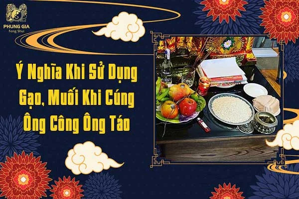 Bộ hũ sành đựng gạo muối cúng Ông Táo trên bàn thờ, tượng trưng cho sự thịnh vượng và bảo an cho gia đình trong nghi lễ tiễn Táo Quân.