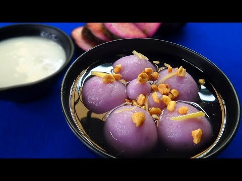 Chè trôi nước khoai lang tím viên tròn, món tráng miệng ngọt ngào cho mâm cỗ chay cúng Rằm tháng Giêng.