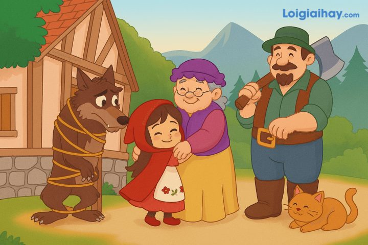 Cô bé quàng khăn đỏ ngạc nhiên trước chó sói giả làm bà ngoại trên giường bệnh