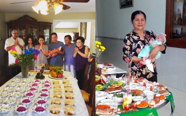 Gia đình sum họp trong lễ cúng đầy tháng cho con trai, cầu mong bình an