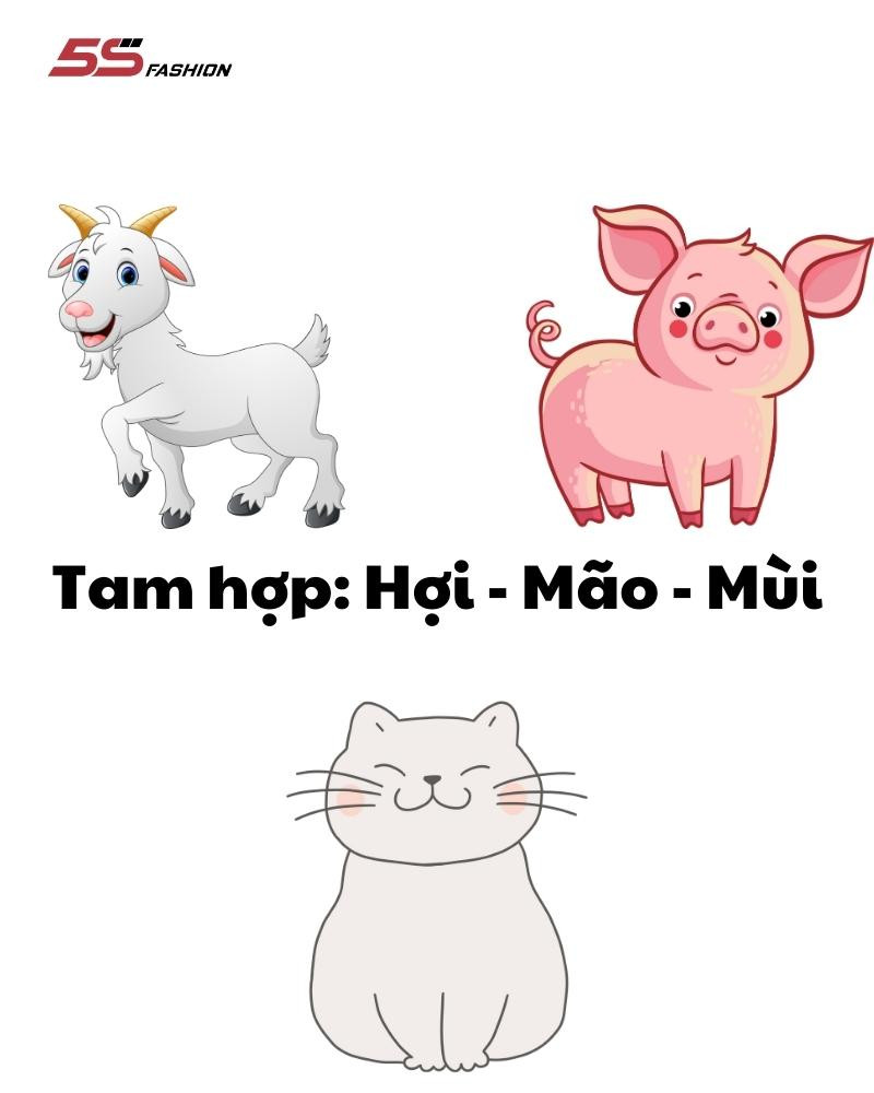 Hình ảnh các biểu tượng con giáp tương hợp như dê, ngựa, lợn, mèo