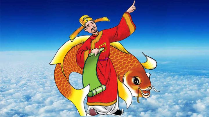 hình ảnh ông Công ông Táo cưỡi cá chép về trời, tượng trưng nghi thức cúng Táo Quân