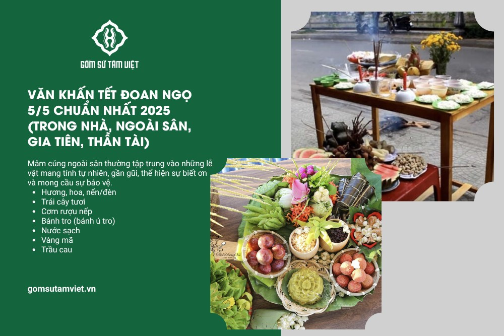 Mâm cơm cúng Tết Đoan Ngọ ngoài sân cầu mong trời đất phù hộ bình an.