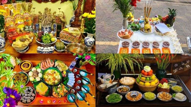 Mâm cúng Rằm tháng 6 đầy đủ với xôi, gà, trái cây và hoa tươi, thể hiện sự chu đáo của gia chủ.