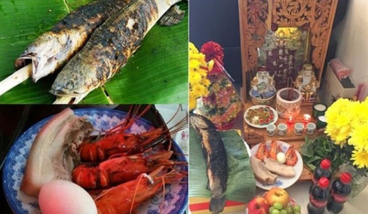 Mâm lễ cúng ngày vía Thần Tài đầy đủ với thịt quay, tôm, trứng và các loại trái cây