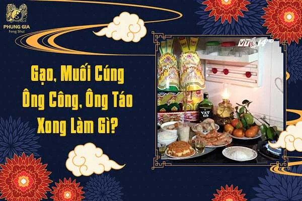 Nghi thức rải gạo muối cúng Ông Táo sau khi cúng để cầu bình an và xua đuổi tà khí, một phong tục truyền thống tại nhiều địa phương Việt Nam.