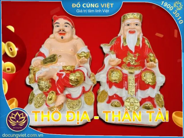 tượng Thần Tài và Thổ Địa đặt cạnh nhau trong bàn thờ, vật phẩm cúng vía thần tài