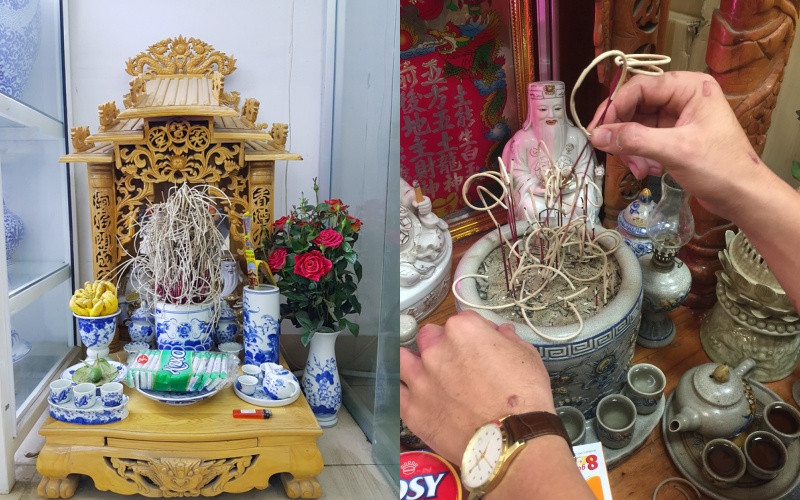 Dọn dẹp lư hương và rút chân nhang trên bàn thờ Thần Tài