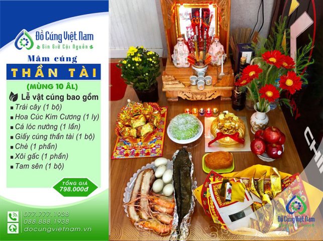 Mâm cúng thần tài thổ địa chi tiết với các lễ vật tươi ngon