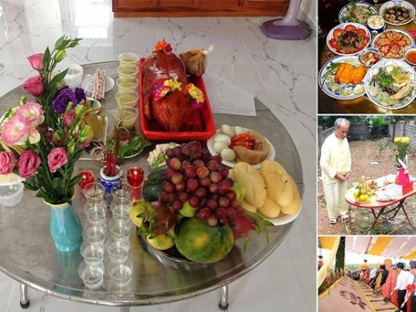 Mâm lễ cúng sửa mộ gồm hoa quả, trầu cau, tiền vàng mã, bày biện tươm tất