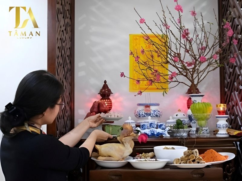 Mâm lễ cúng tạ chuẩn bị trước khi thực hiện nghi thức bao sái bàn thờ gia tiên