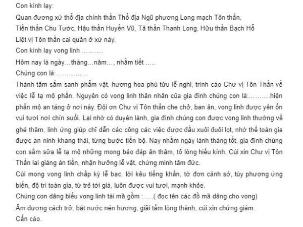 Văn khấn lễ cúng sửa mộ được in rõ ràng, chuẩn bị cho nghi thức cầu nguyện