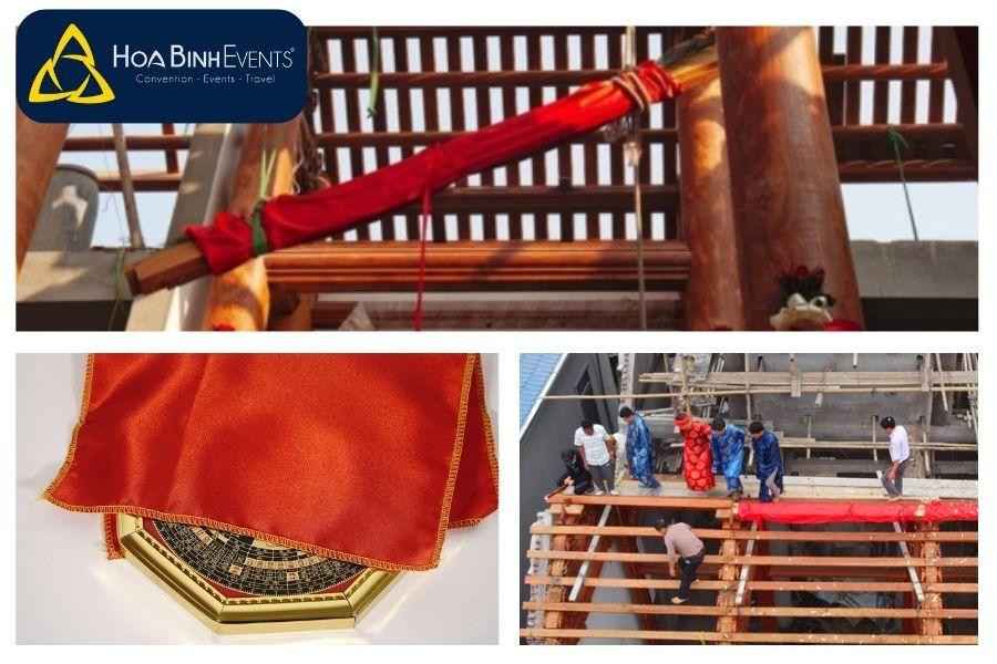 Cần đảm bảo hai đầu đòn dông được che chắn cẩn thận bằng vải đỏ hoặc vật liệu bảo vệ