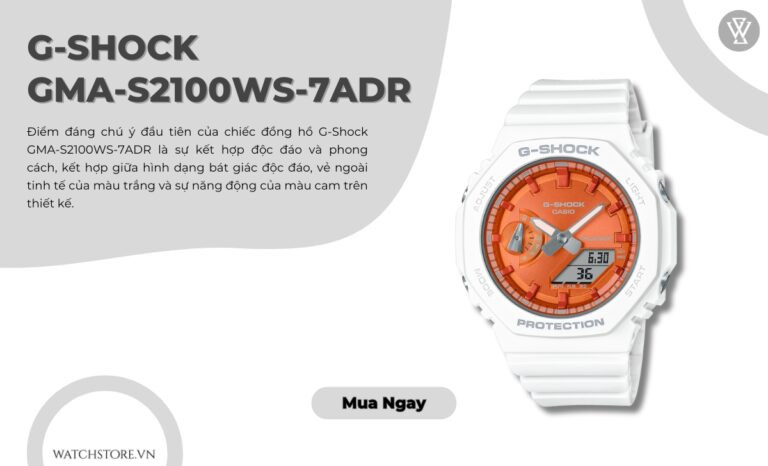 Đồng hồ G-Shock với thiết kế hiện đại, điểm nhấn màu cam trên nền trắng