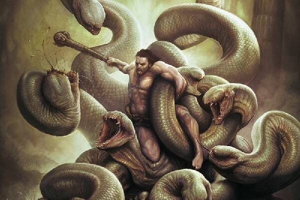 Hình ảnh Hercules đối đầu với quái vật Hydra trong thần thoại Hy Lạp