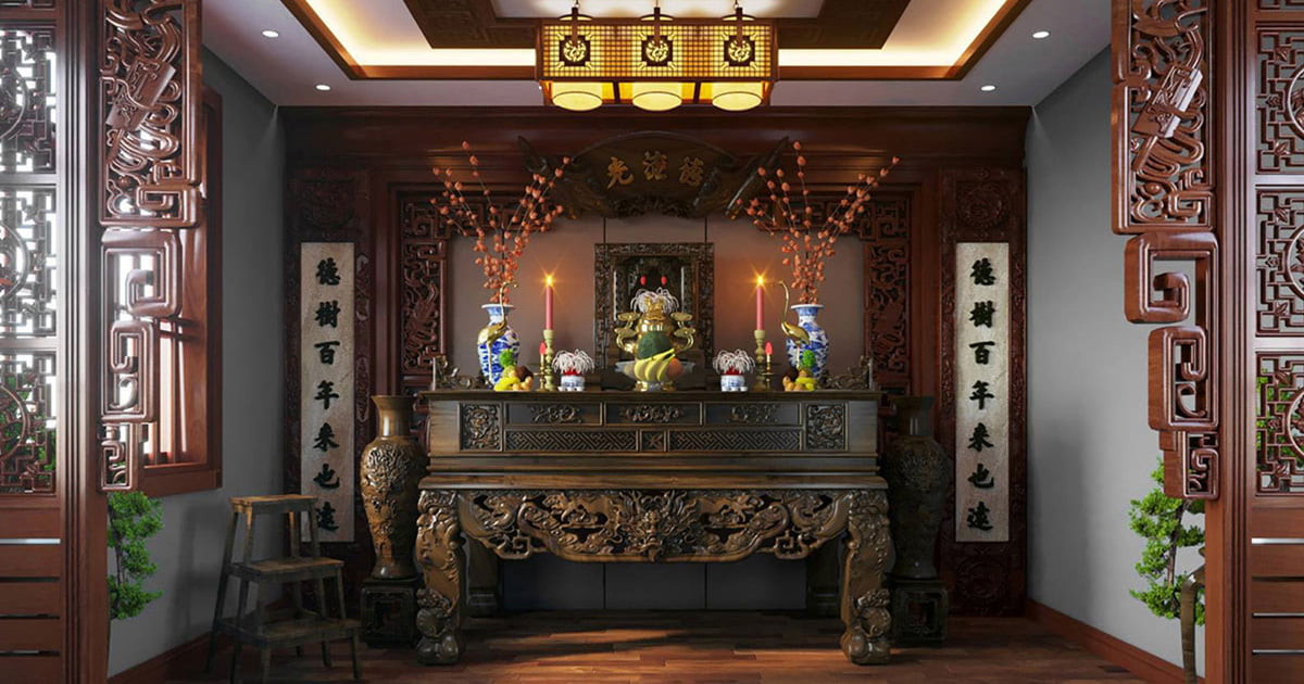 Hình ảnh một không gian thờ cúng trang nghiêm trong nhà với bàn thờ được bài trí theo phong thủy