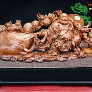 Di Lạc Vác Cành Đào Kéo Bao Tiền Tam Tiểu Gỗ Nu Hương
