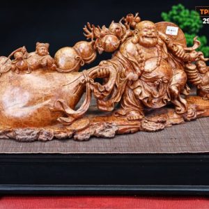 Di Lạc Vác Cành Đào Kéo Bao Tiền Tam Tiểu Gỗ Nu Hương