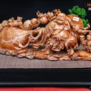 Di Lạc Vác Cành Đào Kéo Bao Tiền Tam Tiểu Gỗ Nu Hương