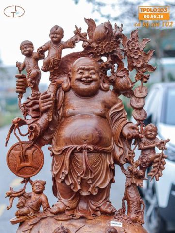 Di Lạc Vác Cành Đào Ngũ Tiểu Đứng Bao Tiền Gỗ Nu Hương