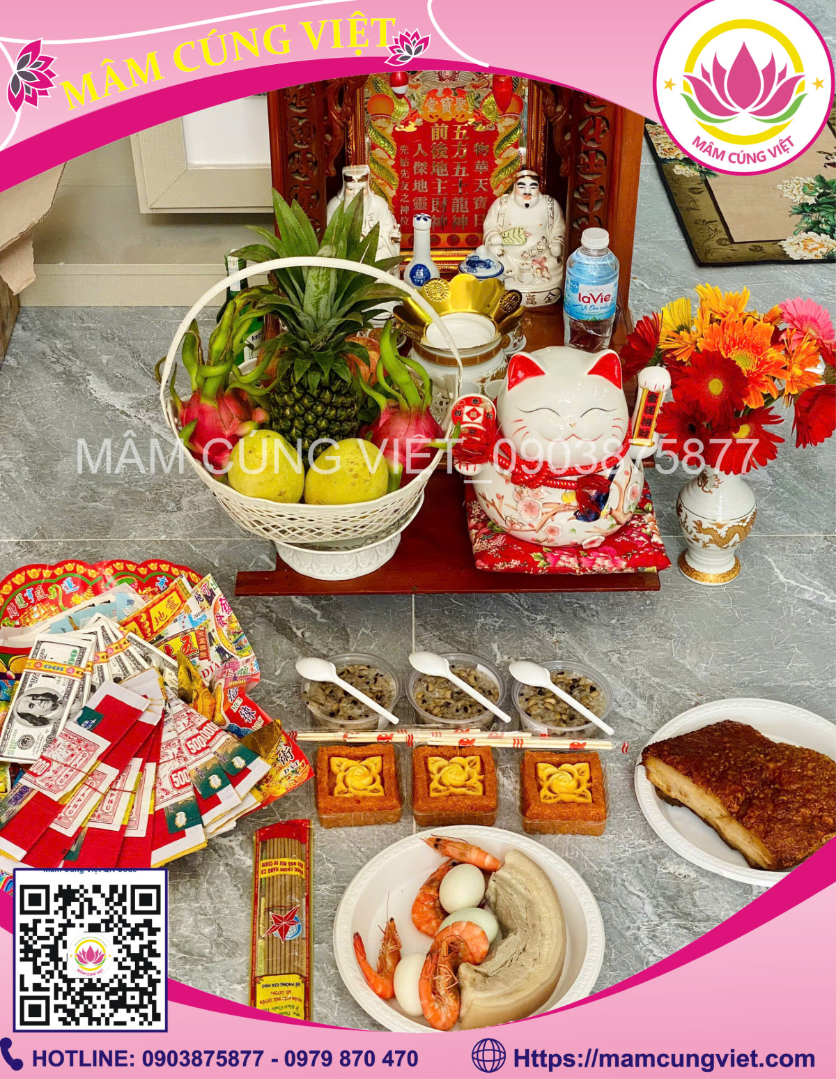 Mâm ngũ quả tươi ngon bày trên bàn thờ Thần Tài