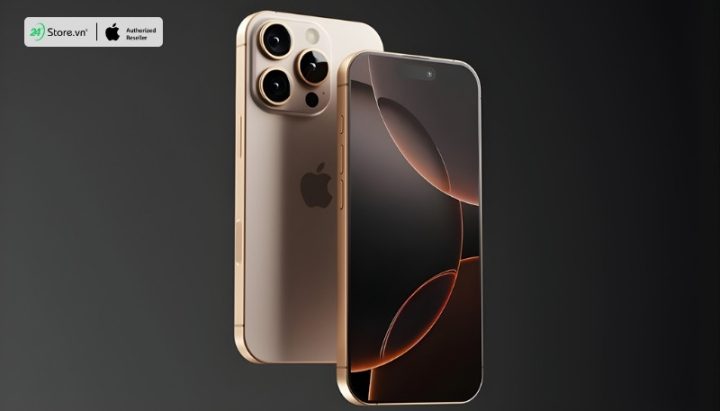 Mô tả về màn hình lớn và viền mỏng của iPhone 16 Pro Max màu Titan Sa Mạc