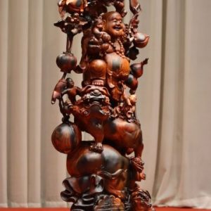 Tượng Phật Di Lặc Ngũ Tiểu Vác Cành Đào Đứng Bao Tiền Song Nghê Gỗ Trắc