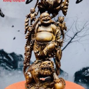 Di Lặc tam tiểu gánh hoa sen gỗ cẩm lai.