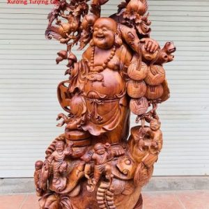Di Lặc ngũ phúc vác đào đứng bao tiền gỗ hương.