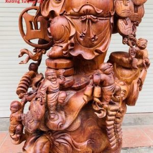 Di Lặc ngũ phúc vác đào đứng bao tiền gỗ hương.