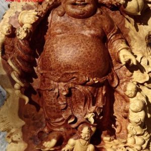 Di Lặc ngũ tiểu vác đào đứng bao tiền gỗ nu hương Di Lặc ngũ tiểu vác đào đứng bao tiền gỗ nu hương