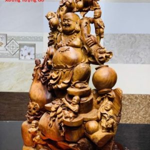 Di Lặc ngũ tiểu(ngũ phúc) vác cành đào đứng bao tiền gỗ hương