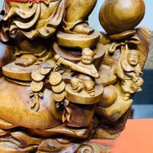 Di Lặc ngũ tiểu(ngũ phúc) vác cành đào đứng bao tiền gỗ hương