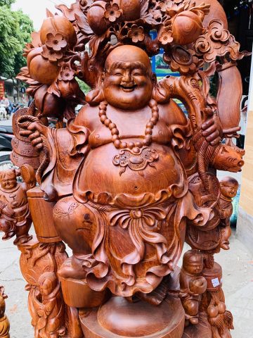 Di Lặc ngũ tiểu( ngũ phúc) vác đào đứng vàng gỗ hương Di Lặc ngũ tiểu( ngũ phúc) vác đào đứng vàng gỗ hương