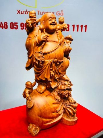 Di Lạc Cầm Gậy Như Ý Tam Tiểu Đứng Nghê Bao Tiền Gỗ Hương Đá