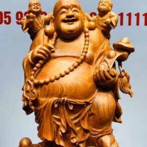 Di Lạc Cầm Gậy Như Ý Tam Tiểu Đứng Nghê Bao Tiền Gỗ Hương Đá