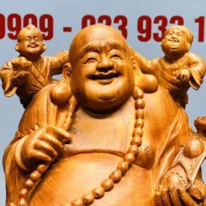 Di Lạc Cầm Gậy Như Ý Tam Tiểu Đứng Nghê Bao Tiền Gỗ Hương Đá