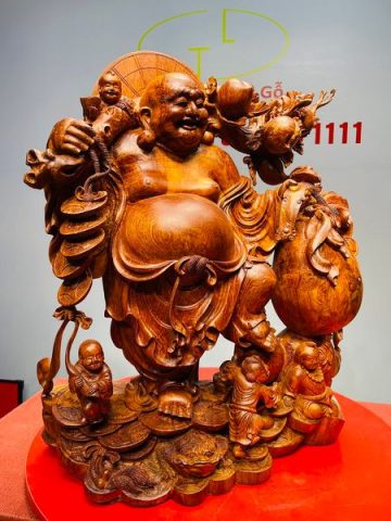 Di Lạc Ngũ Tiểu Vác Cành Đào Kéo Bao Tiền Gỗ Nu Hương