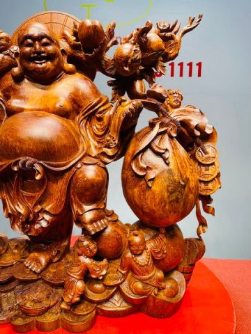 Di Lạc Ngũ Tiểu Vác Cành Đào Kéo Bao Tiền Gỗ Nu Hương