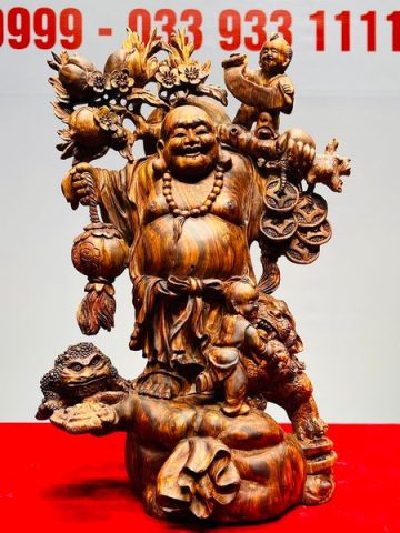 Di Lạc Nhị Tiểu Vác Cành Đào Đứng Bao Tiền Gỗ Sưa