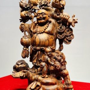 Di Lạc Nhị Tiểu Vác Cành Đào Đứng Bao Tiền Gỗ Sưa