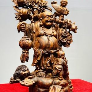 Di Lạc Nhị Tiểu Vác Cành Đào Đứng Bao Tiền Gỗ Sưa