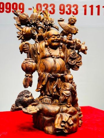 Di Lạc Nhị Tiểu Vác Cành Đào Đứng Bao Tiền Gỗ Sưa