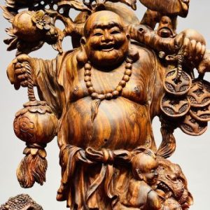 Di Lạc Nhị Tiểu Vác Cành Đào Đứng Bao Tiền Gỗ Sưa