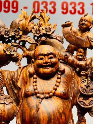 Di Lạc Nhị Tiểu Vác Cành Đào Đứng Bao Tiền Gỗ Sưa