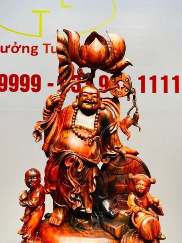 Di Lạc Nhị Tiểu Cầm Hoa Sen Gỗ Trắc