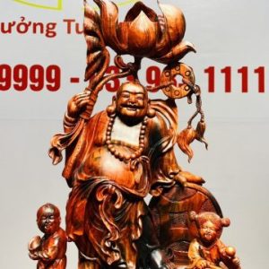 Di Lạc Nhị Tiểu Cầm Hoa Sen Gỗ Trắc